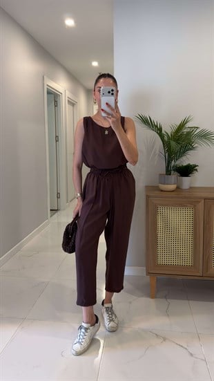 Mone Kahve Tensel Kolsuz Bluz Pantolon Takım