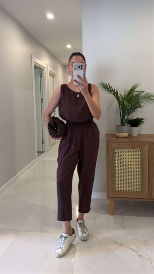 Mone Kahve Tensel Kolsuz Bluz Pantolon Takım