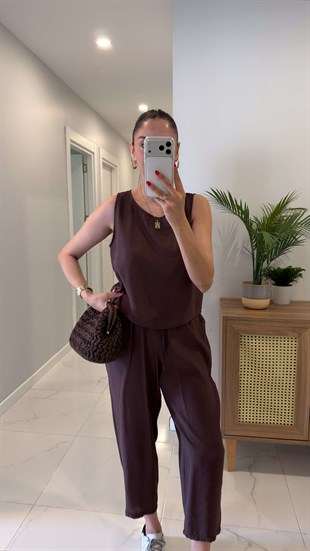Mone Kahve Tensel Kolsuz Bluz Pantolon Takım