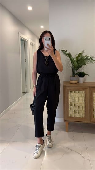 Mone Siyah Tensel Kolsuz Bluz Pantolon Takım