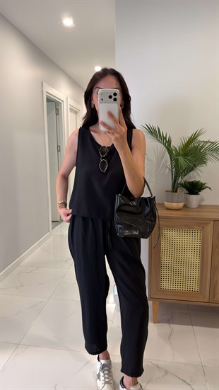 Mone Siyah Tensel Kolsuz Bluz Pantolon Takım