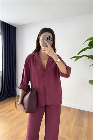 Monsa Bordo Tencel Pantolon Gömlek Takım