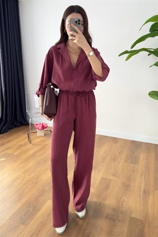 Monsa Bordo Tencel Pantolon Gömlek Takım
