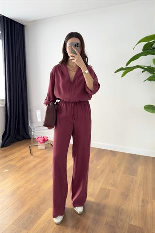 Monsa Bordo Tencel Pantolon Gömlek Takım