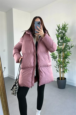 Gül Kurusu Kapüşonlu İçi Dolgulu Şişme Mont