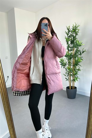 Gül Kurusu Kapüşonlu İçi Dolgulu Şişme Mont