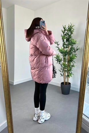 Gül Kurusu Kapüşonlu İçi Dolgulu Şişme Mont