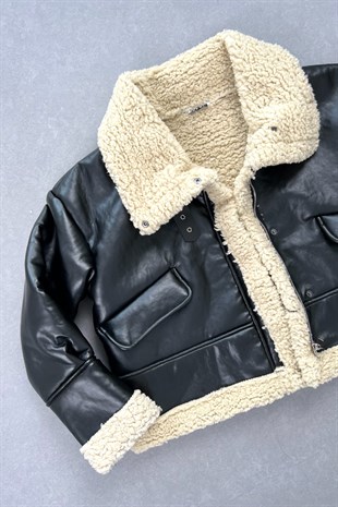 Siyah Suni Deri Kürk Detaylı Biker Mont