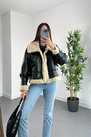 Siyah Suni Deri Kürk Detaylı Biker Mont