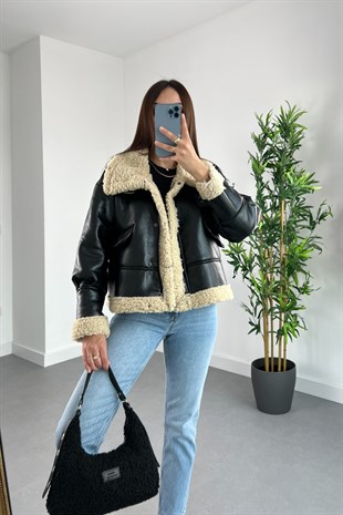 Siyah Suni Deri Kürk Detaylı Biker Mont