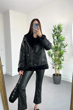 Siyah Suni Süet Kürk Detaylı Biker Mont