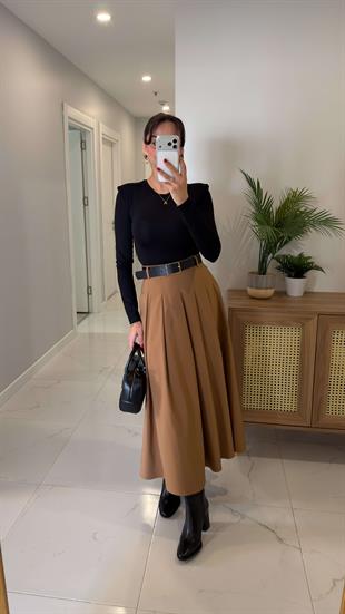 Morse Siyah Camel Premium Vatkalı Kemerli Elbise
