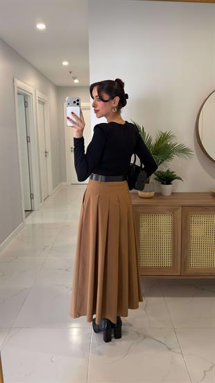 Morse Siyah Camel Premium Vatkalı Kemerli Elbise