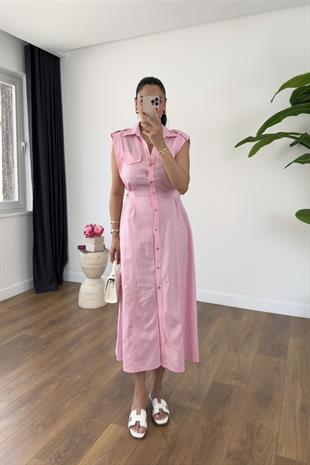 Most Pembe Kendinden Kemer Detaylı Keten Elbise