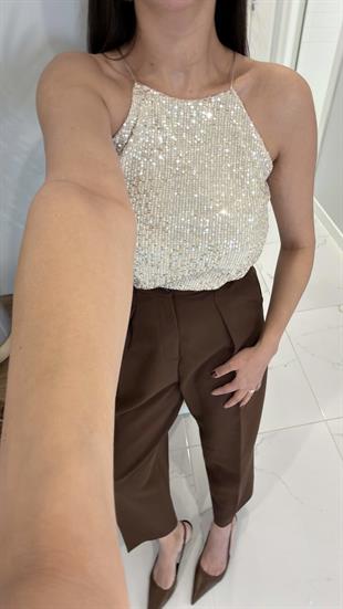 Motre Bej Askılı Pul Payet Bluz