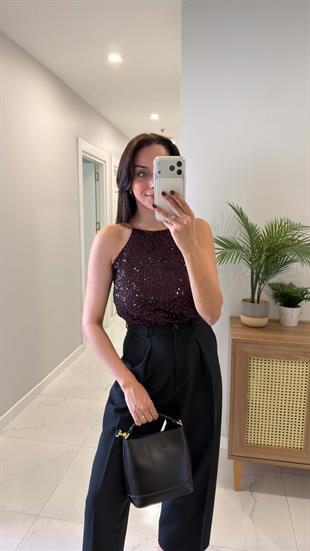 Motre Bordo Askılı Pul Payet Bluz