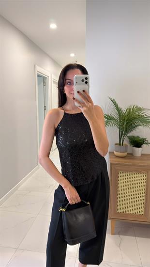 Motre Siyah Askılı Pul Payet Bluz