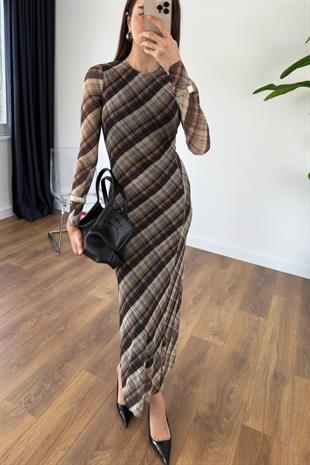 Mulena Kahve Bej Desenli Maxi Boy Elbise