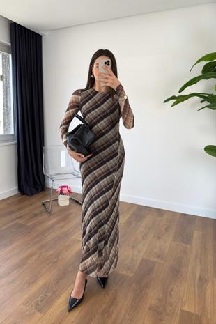 Mulena Kahve Bej Desenli Maxi Boy Elbise