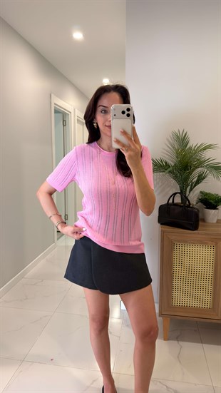Mullda Pembe Kısa Kollu Ajurlu Triko