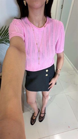 Mullda Pembe Kısa Kollu Ajurlu Triko