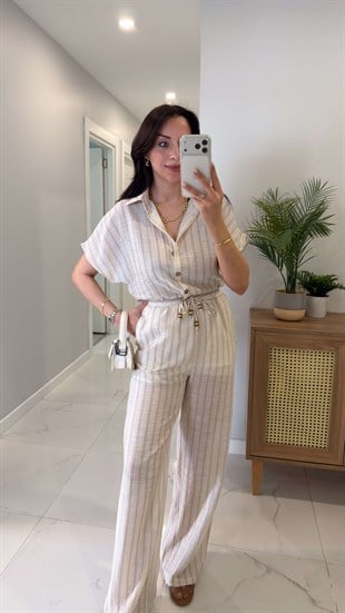 Mullis Ekru Çizgili Gömlek Pantolon Takım