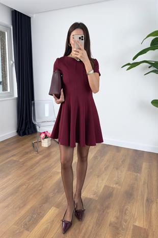 Musla Bordo Pileli Mini Elbise