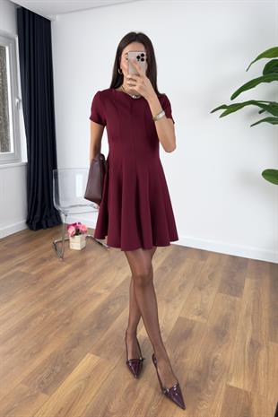 Musla Bordo Pileli Mini Elbise
