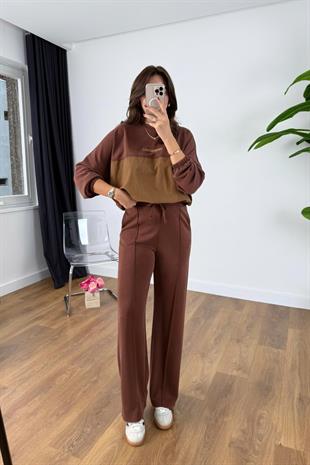 Nadia Bordo Kahve Paraşüt Kumaş Sweat-Pantolon Modal Takım
