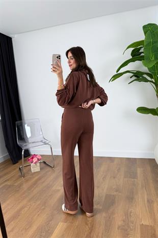 Nadia Bordo Kahve Paraşüt Kumaş Sweat-Pantolon Modal Takım
