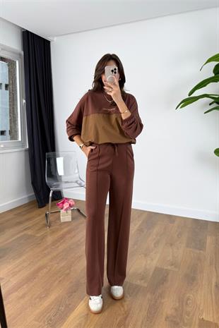 Nadia Bordo Kahve Paraşüt Kumaş Sweat-Pantolon Modal Takım
