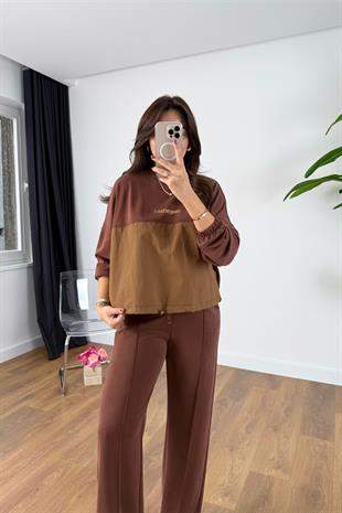 Nadia Bordo Kahve Paraşüt Kumaş Sweat-Pantolon Modal Takım