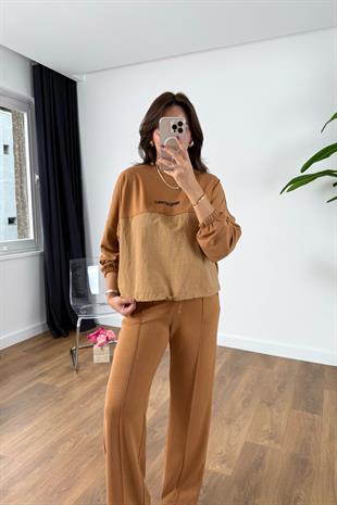 Nadia Camel Bej Paraşüt Kumaş Sweat-Pantolon Modal Takım