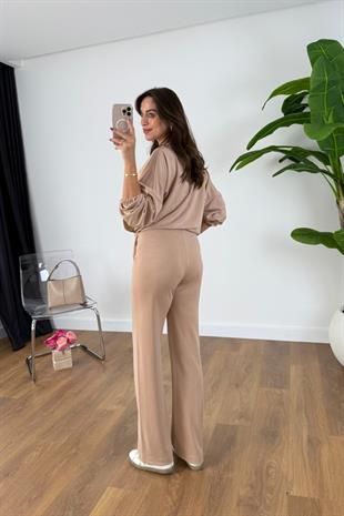 Nadia Kahve Bej Paraşüt Kumaş Sweat-Pantolon Modal Takım