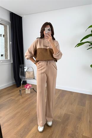 Nadia Kahve Bej Paraşüt Kumaş Sweat-Pantolon Modal Takım