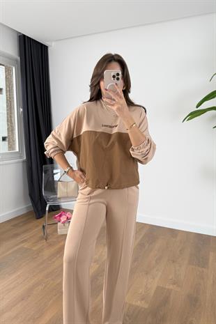 Nadia Kahve Bej Paraşüt Kumaş Sweat-Pantolon Modal Takım