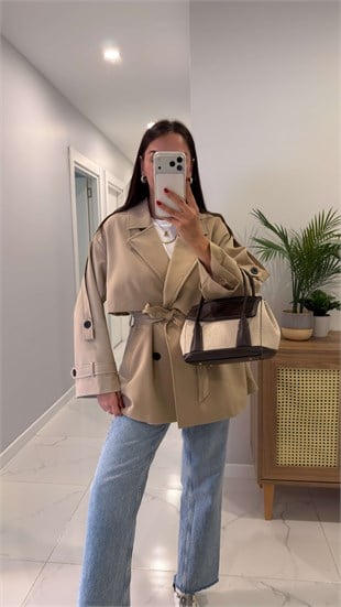 Nadisa Camel Kuşaklı Kısa Premium Trençkot