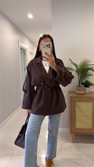 Nadisa Kahve Kuşaklı Kısa Premium Trençkot