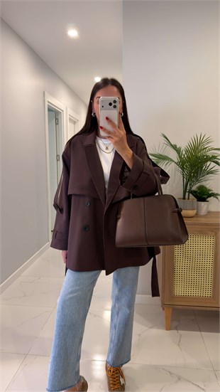 Nadisa Kahve Kuşaklı Kısa Premium Trençkot