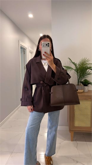 Nadisa Kahve Kuşaklı Kısa Premium Trençkot