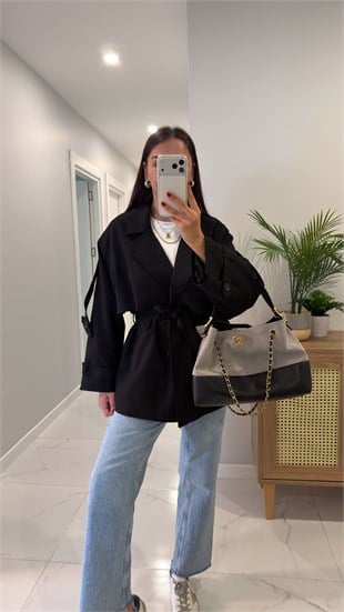 Nadisa Siyah Kuşaklı Kısa Premium Trençkot