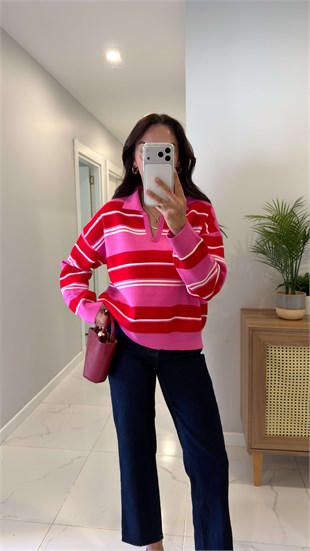 Narina Pembe Kırmızı Şerit Detaylı Polo Yaka Triko