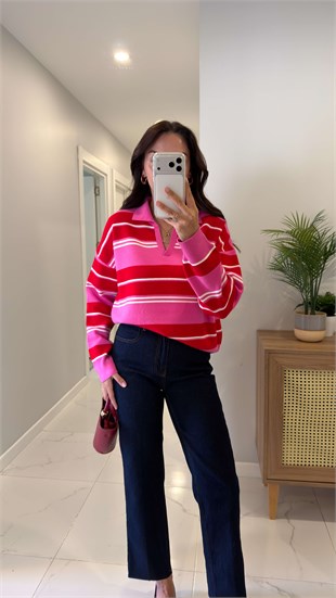 Narina Pembe Kırmızı Şerit Detaylı Polo Yaka Triko