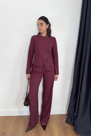 Nera Bordo Düğme Detaylı Ceket Pantolon Takım