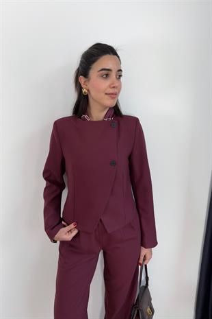 Nera Bordo Düğme Detaylı Ceket Pantolon Takım