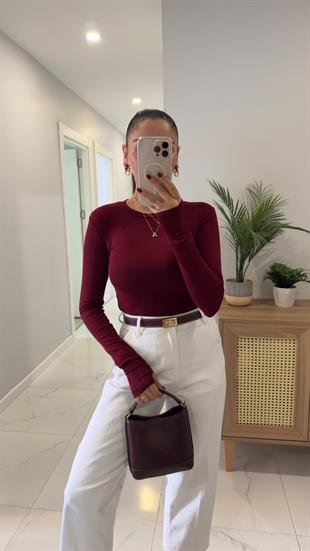 ZR Newa Bordo Parmak Geçirmeli Detaylı Bluz