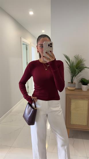 ZR Newa Bordo Parmak Geçirmeli Detaylı Bluz