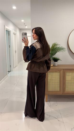 Neyta Kahve Vizon Trenç Detaylı Pantolon Takım