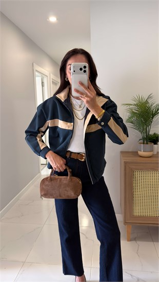 Nilana Lacivert Şerit Detaylı Fermuarlı Ceket