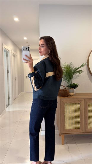Nilana Lacivert Şerit Detaylı Fermuarlı Ceket